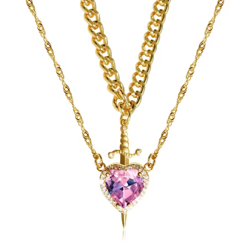 (Pink) Heart and Sword Couples Necklace